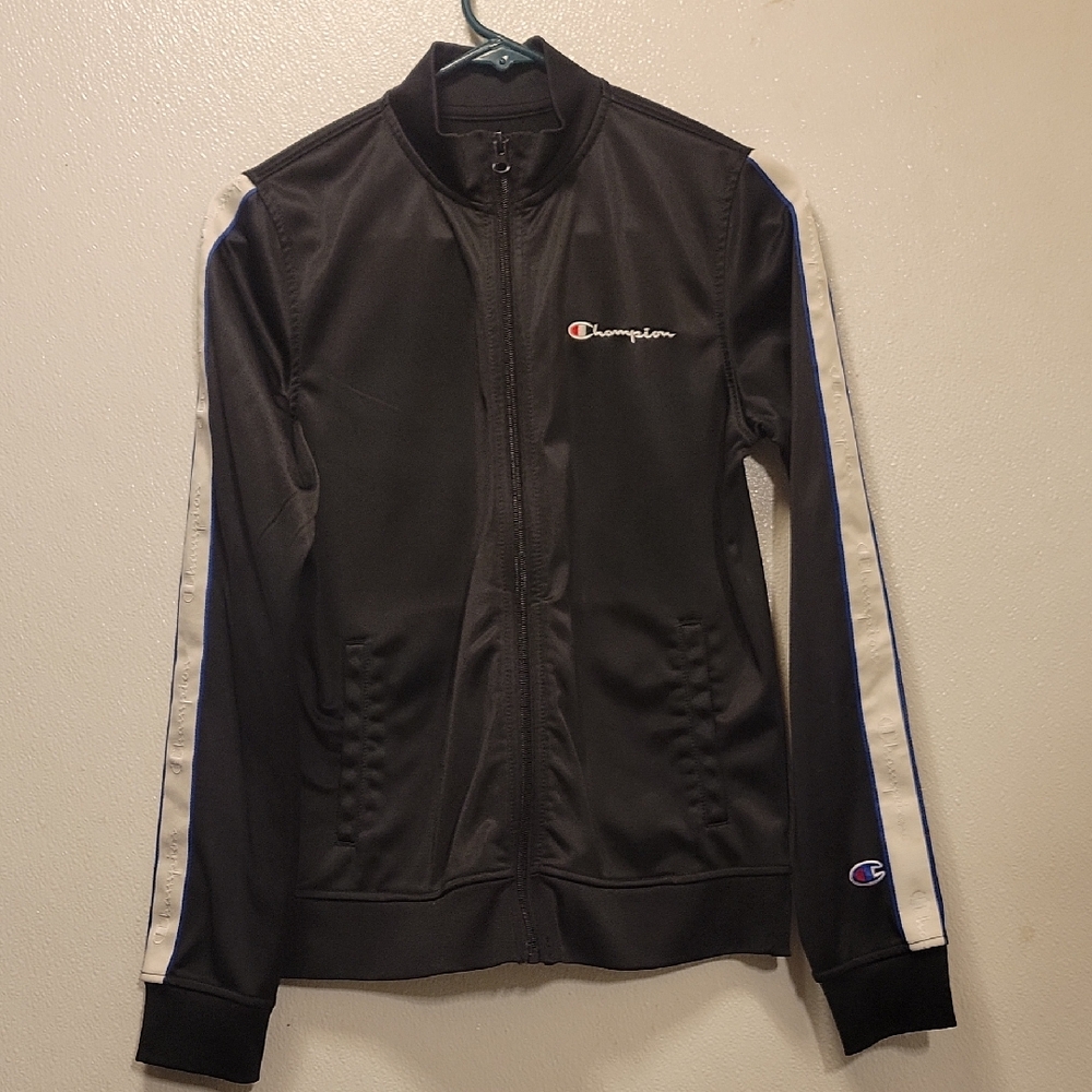 Champion Black Jacket with White Sleeve Accents